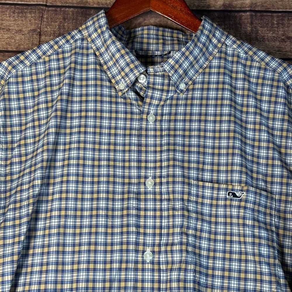 Vineyard Vines Mens XL On-The-Go Performance Blue Plaid Long Sleeve Shirt